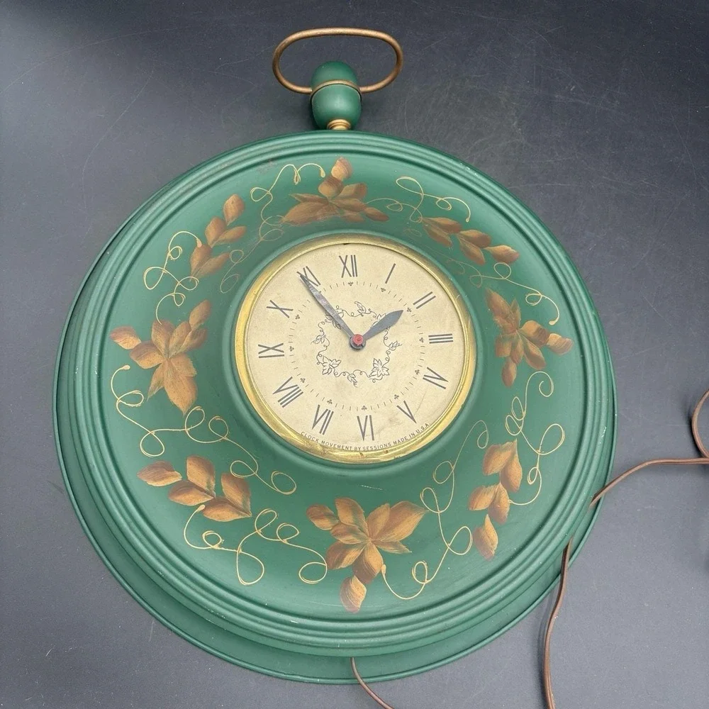 Vintage Metal Green & Gold Painted Electric Wall Clock Art Deco Cottage Core